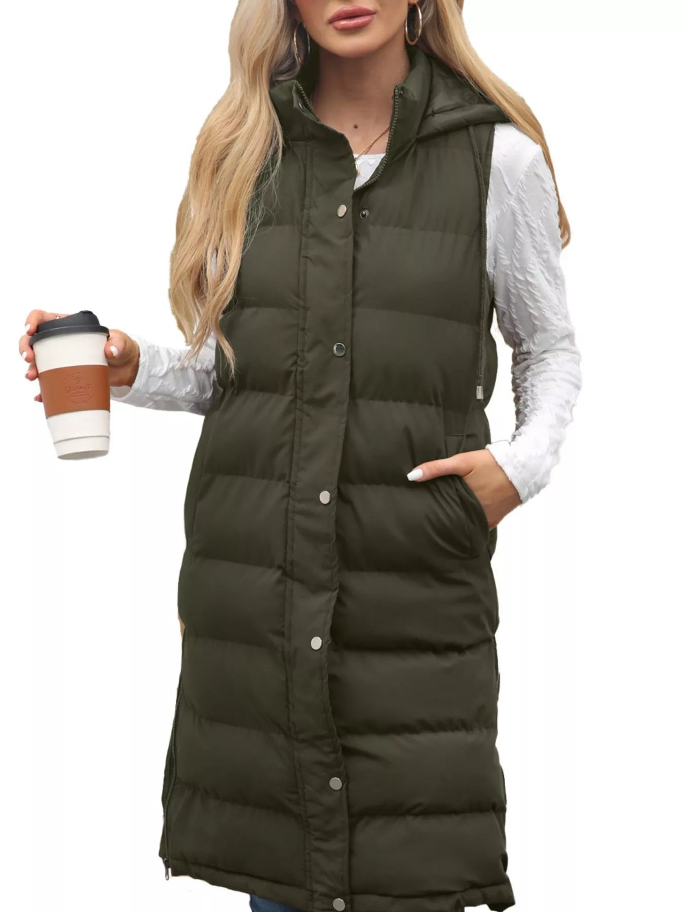 Full Size Snap Down Hooded Padded Longline Vest Coat Plus Size