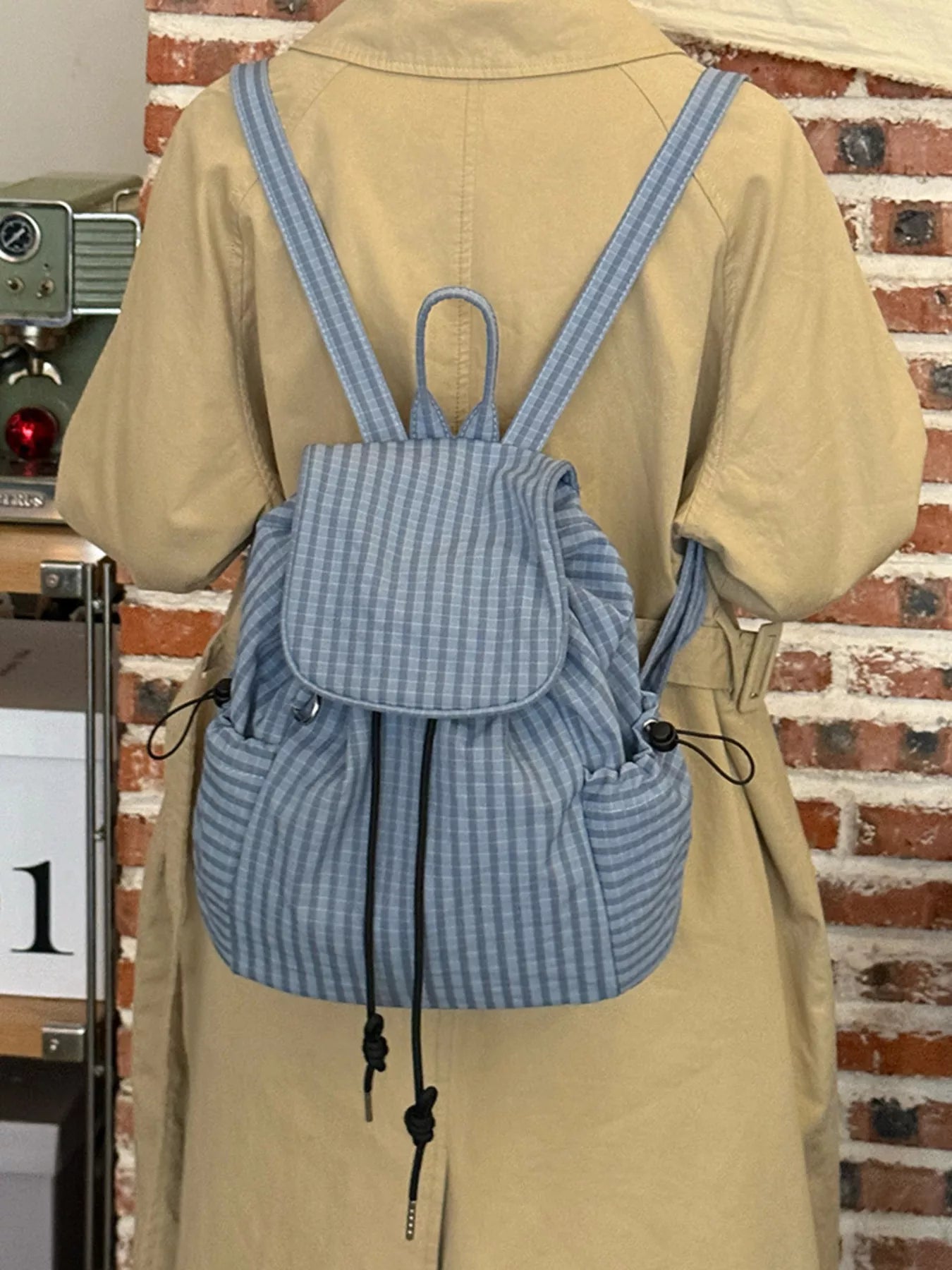 Plaid Drawstring Closure Backpack Bag