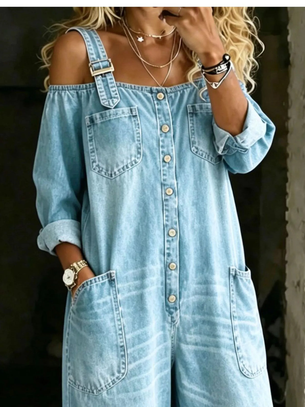 Button Front Wide-Leg Jumpsuit