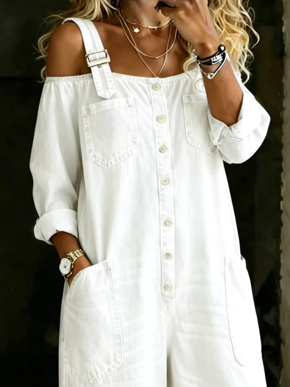 Button Front Wide-Leg Jumpsuit