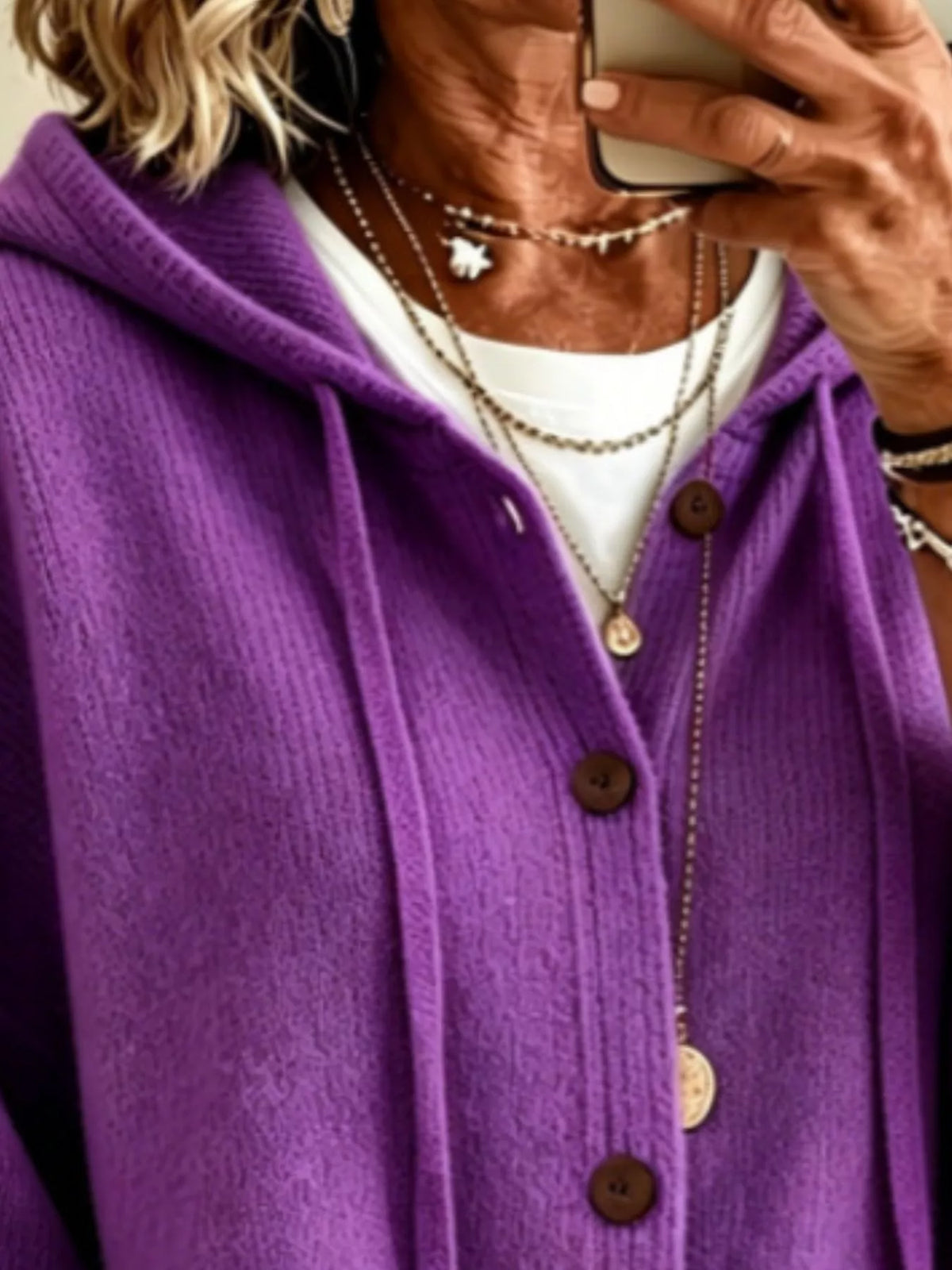 Full Size Casual Hooded Button-Down Knit Cardigan with Pockets Plus Size