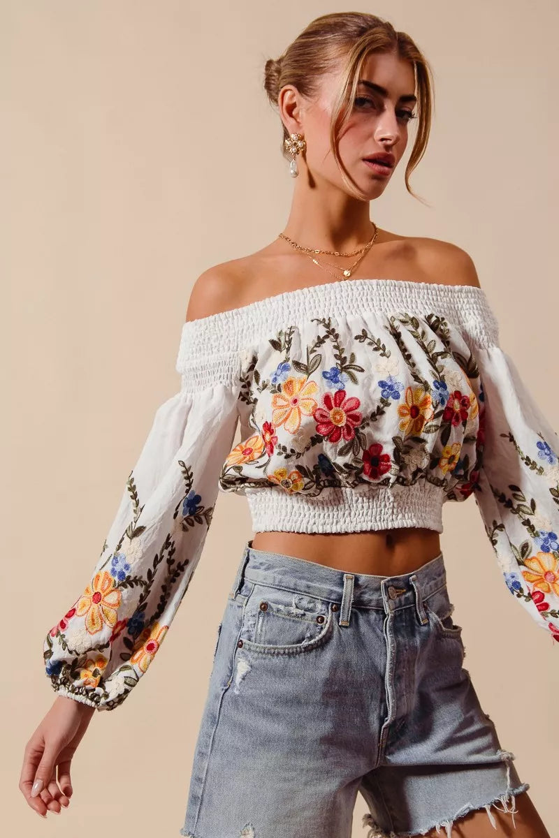 SO ME Floral Embroidered Off The Shoulder Crop Top