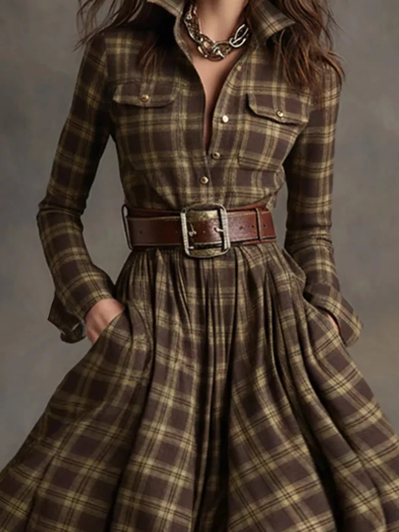 Plaid Button Front Maxi Shirt Dress