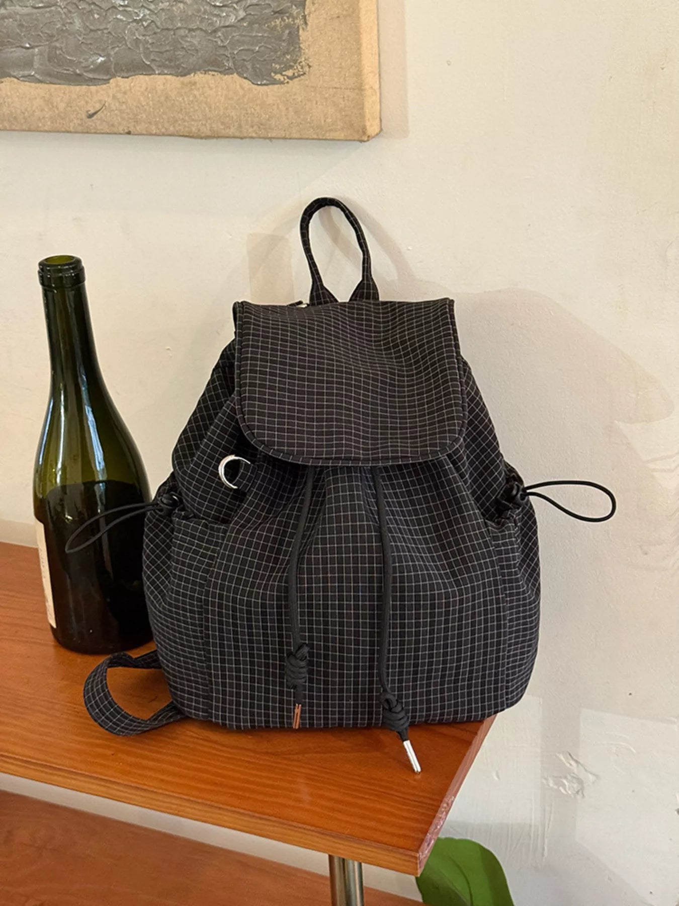 Plaid Drawstring Closure Backpack Bag