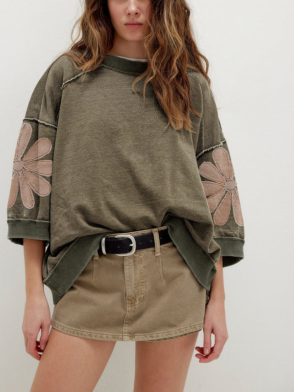 Mineral Wash Raw Seam Patchwork Flower Patched 3/4 Sleeve Loose Top