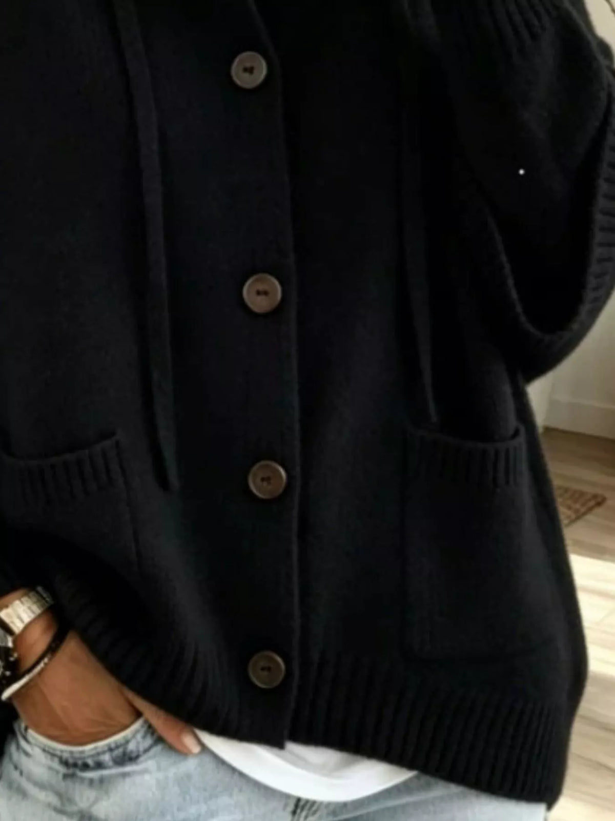 Full Size Casual Hooded Button-Down Knit Cardigan with Pockets Plus Size