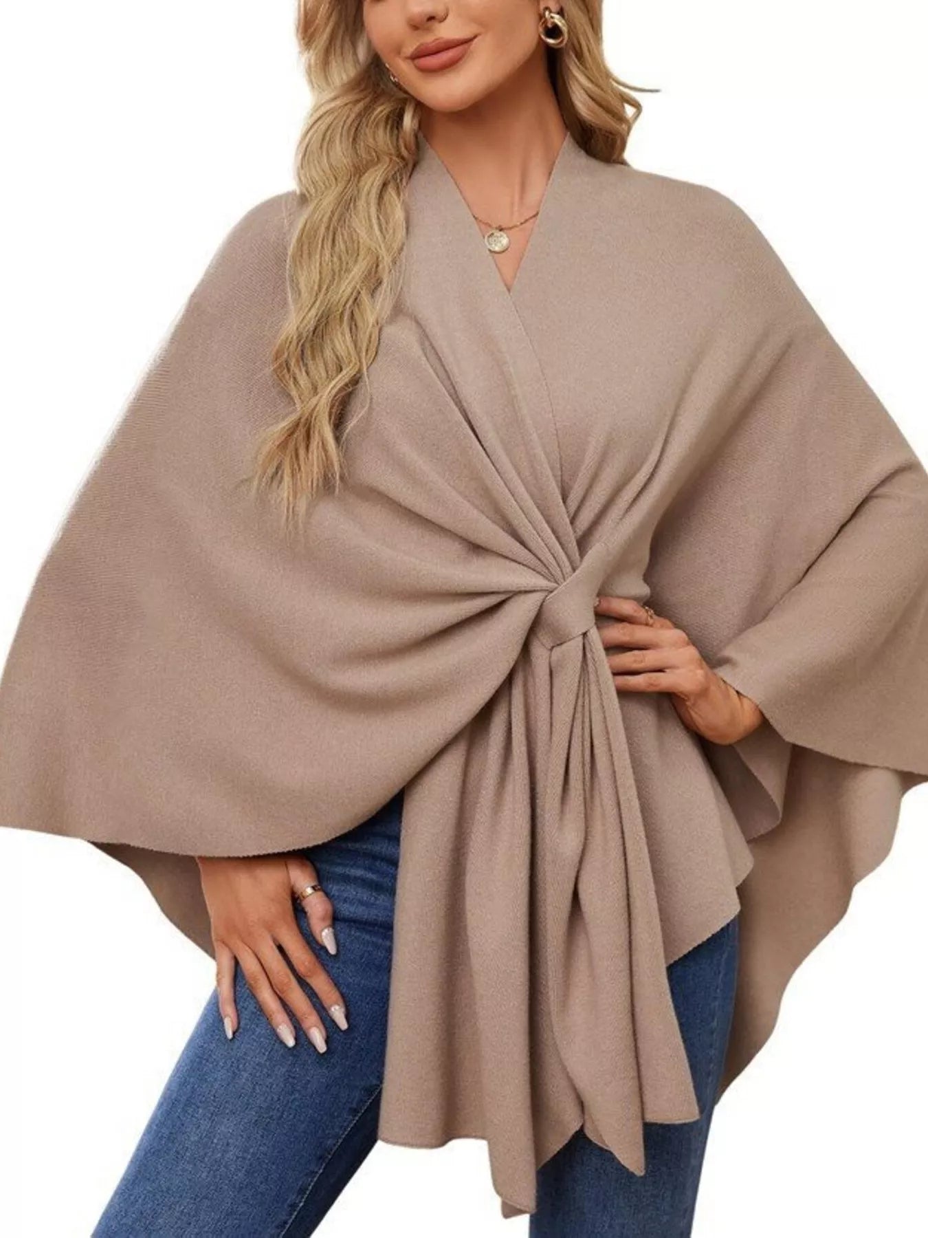 Solid Color Tie-Front Knit Cape Top