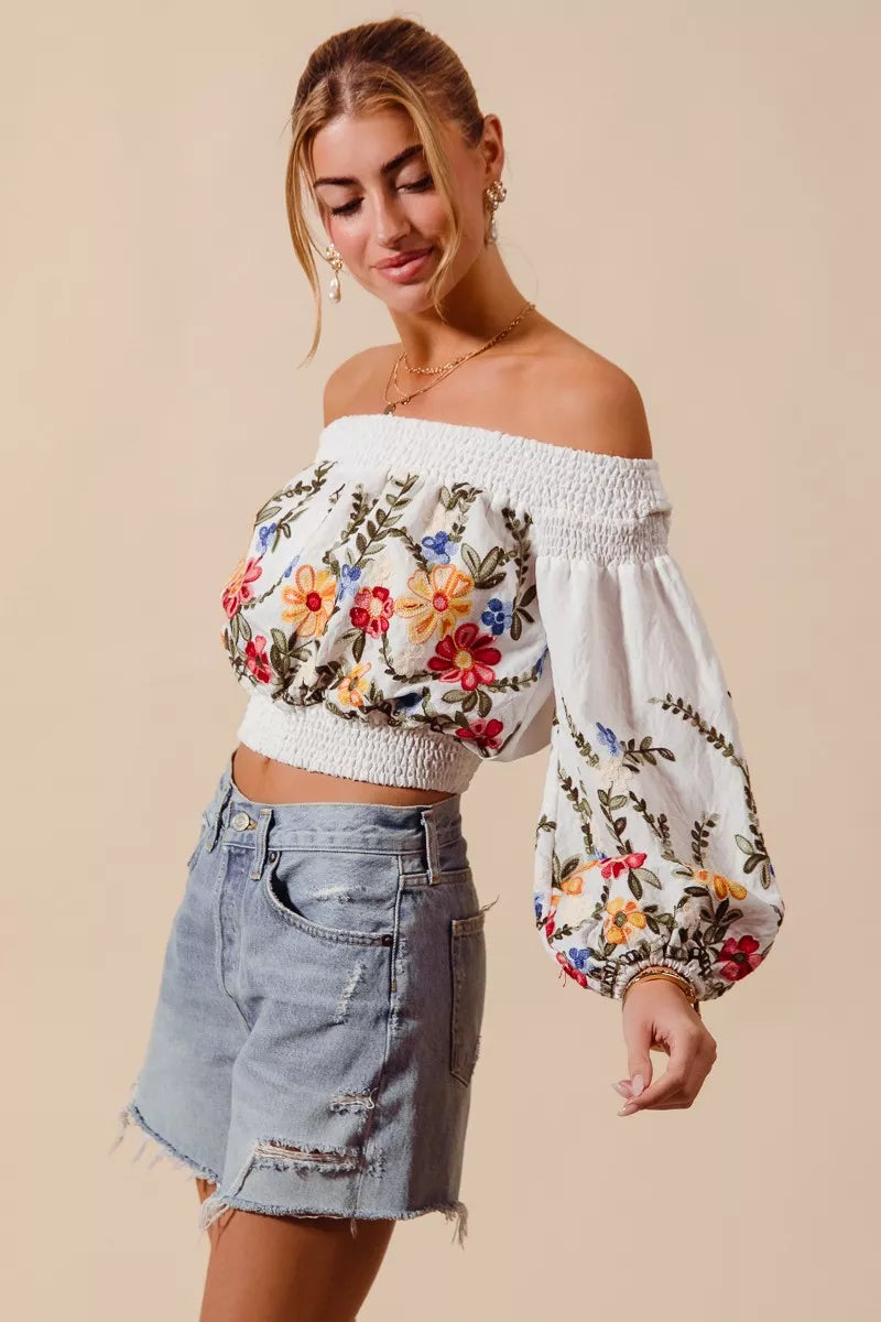 SO ME Floral Embroidered Off The Shoulder Crop Top