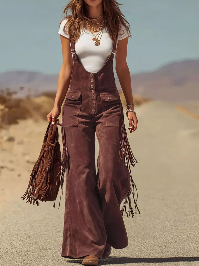 Fringe Corduroy Button Front Overalls