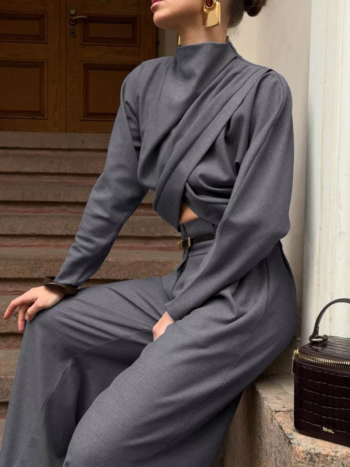 Draped Crop Top and Wide-Leg Pants Set