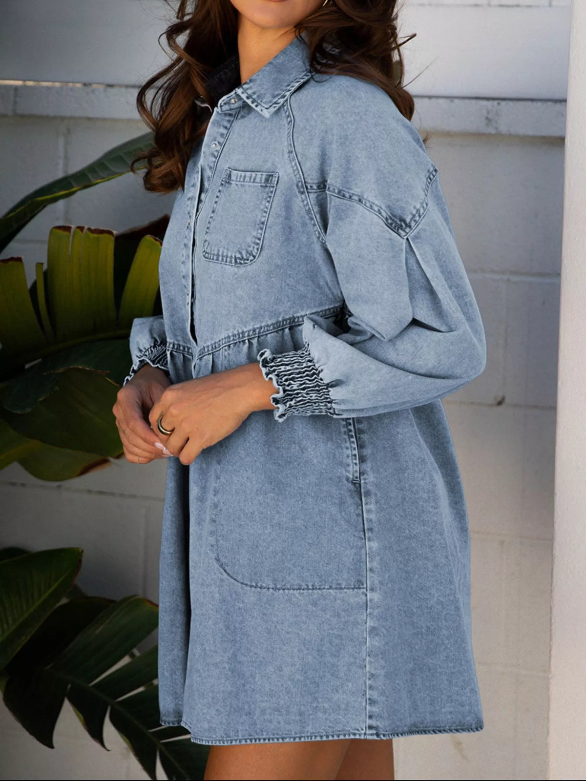 Smocked Cuffs Flared Denim Shirt Mini Dress