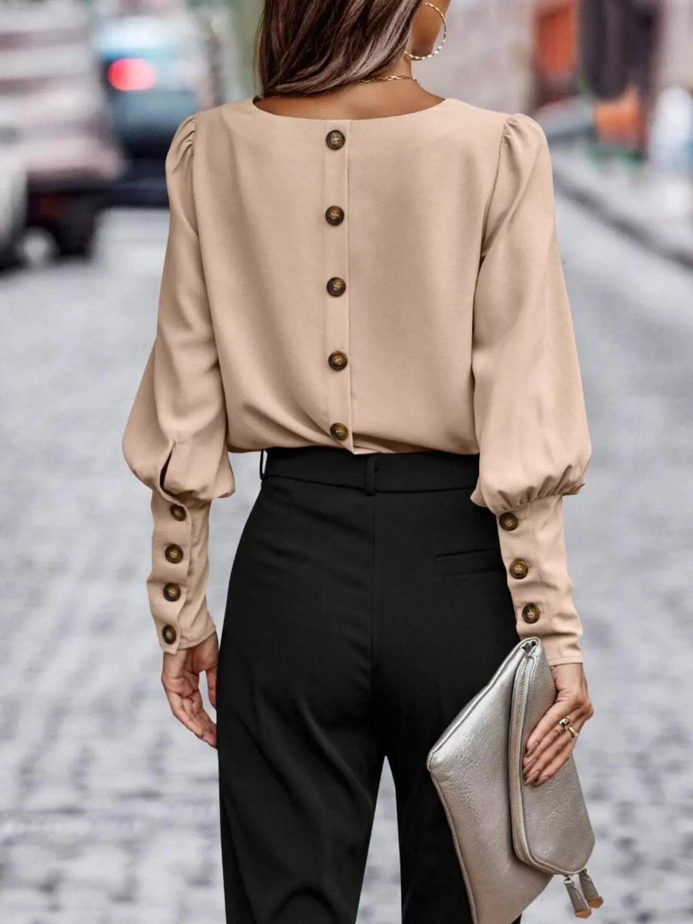 Back Button Lantern Sleeve Blouse