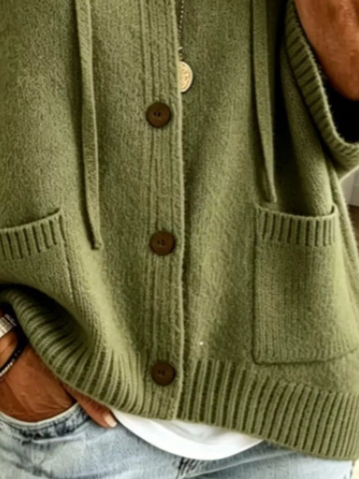 Full Size Casual Hooded Button-Down Knit Cardigan with Pockets Plus Size