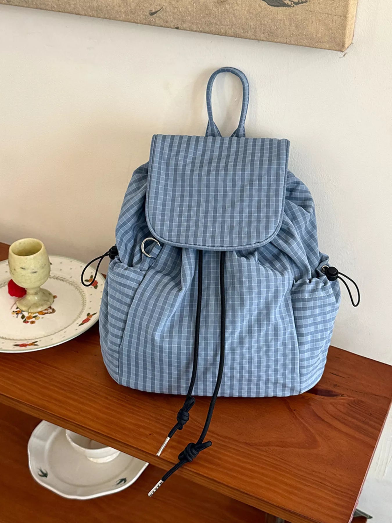 Plaid Drawstring Closure Backpack Bag