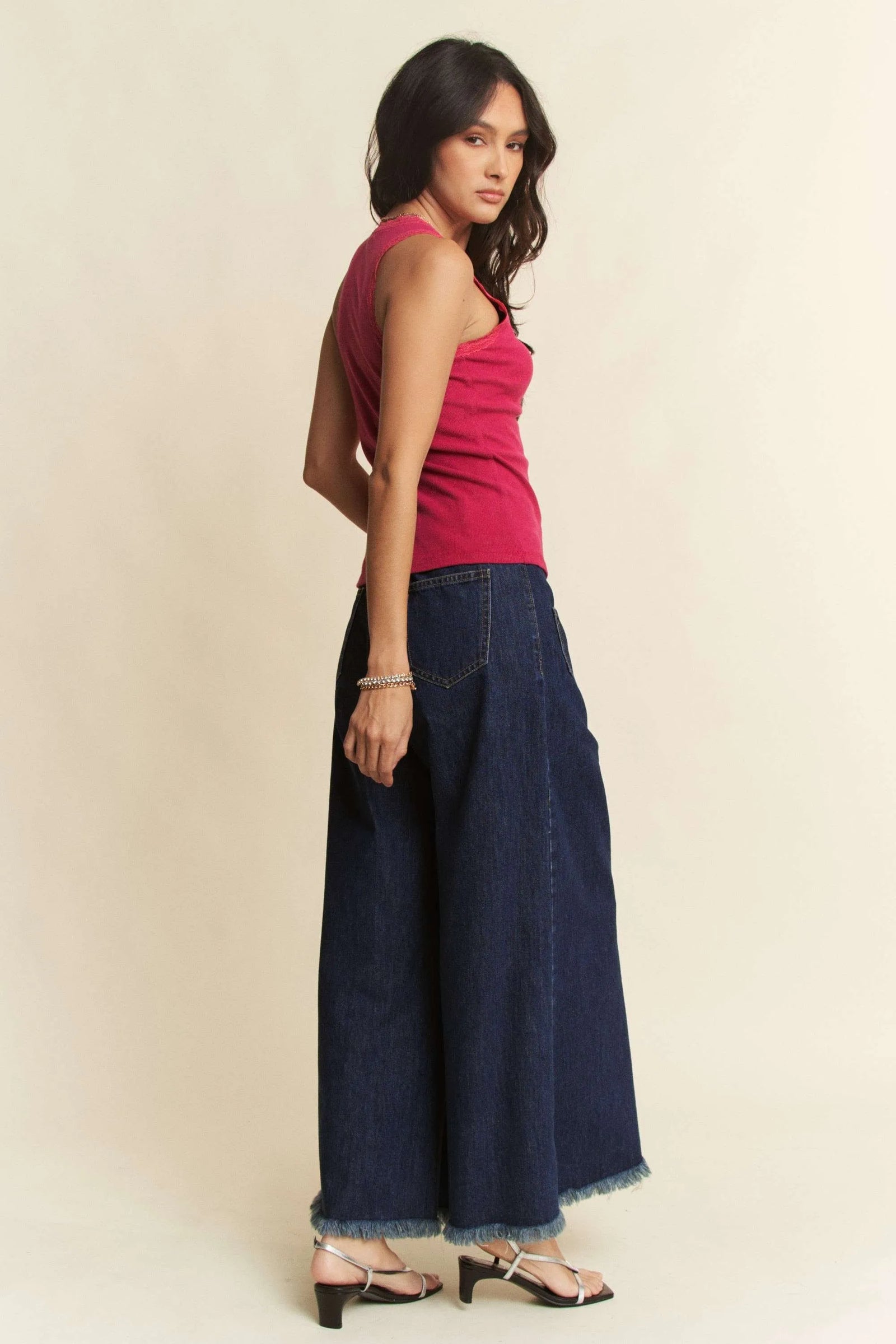Davi & Dani Patch Pocket Wide Leg Culotte Jeans