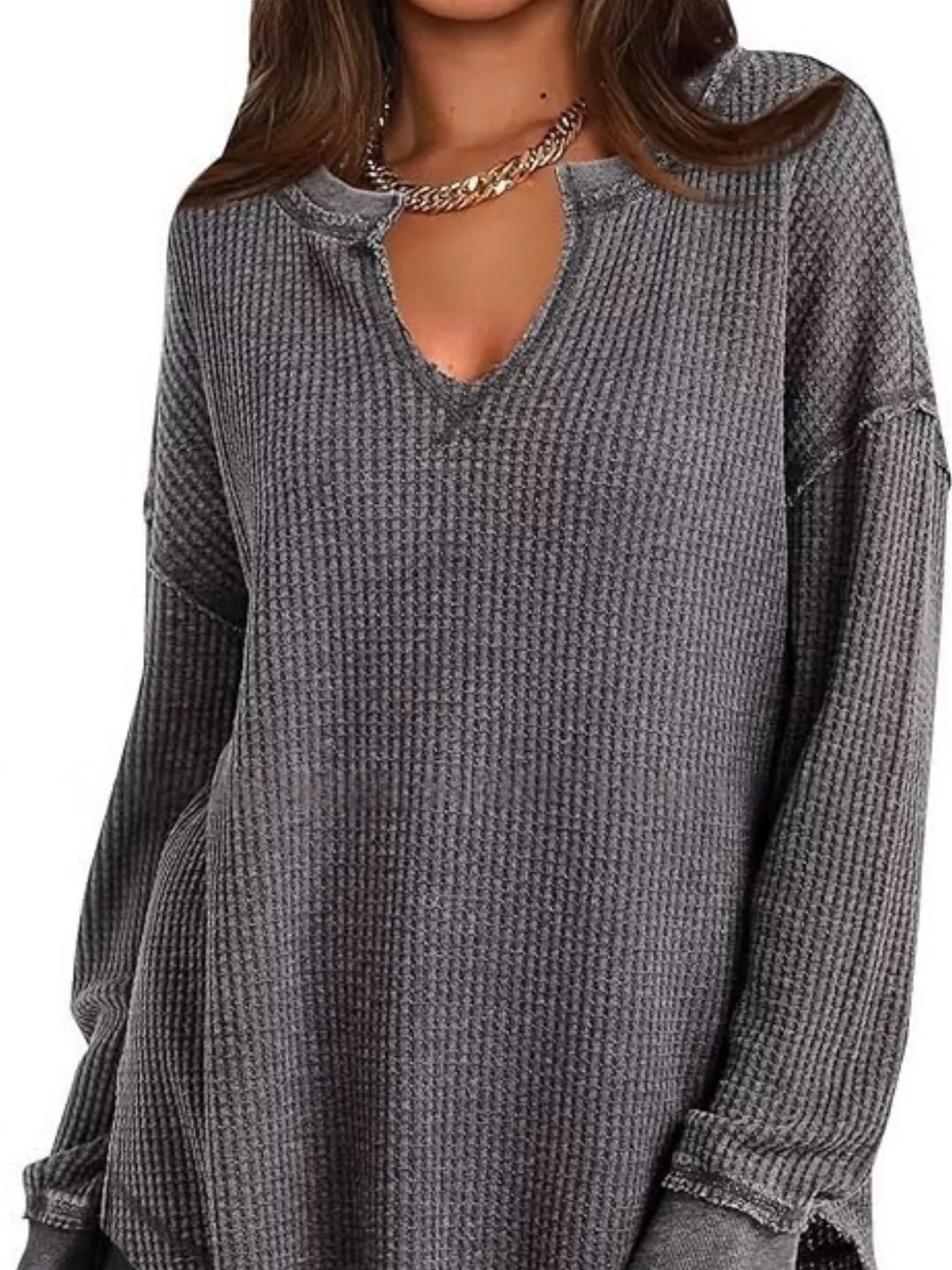 Slit Notched Long Sleeve T-Shirt