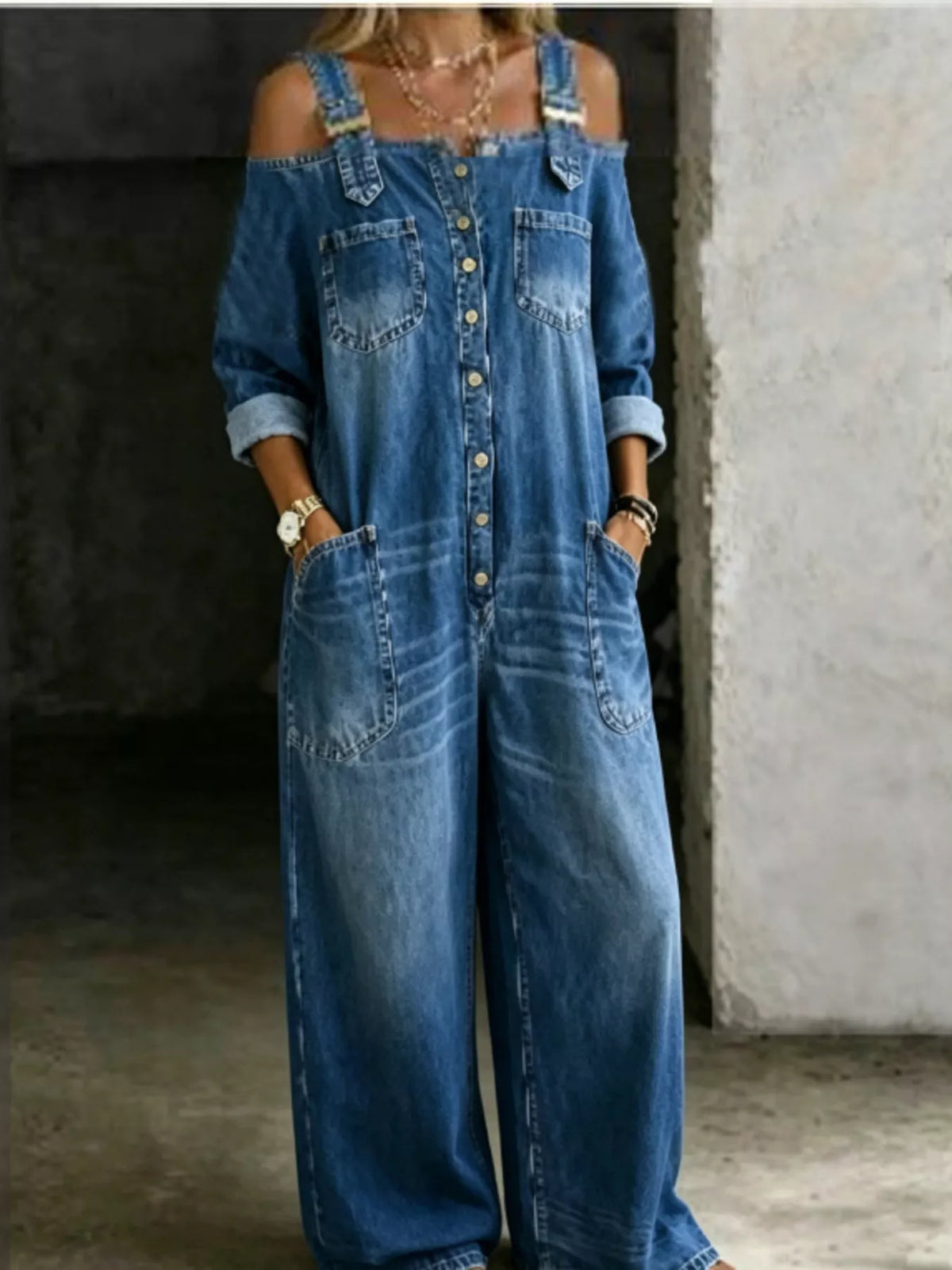 Button Front Wide-Leg Jumpsuit