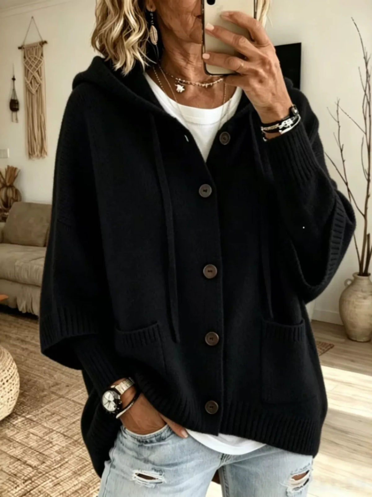Full Size Casual Hooded Button-Down Knit Cardigan with Pockets Plus Size