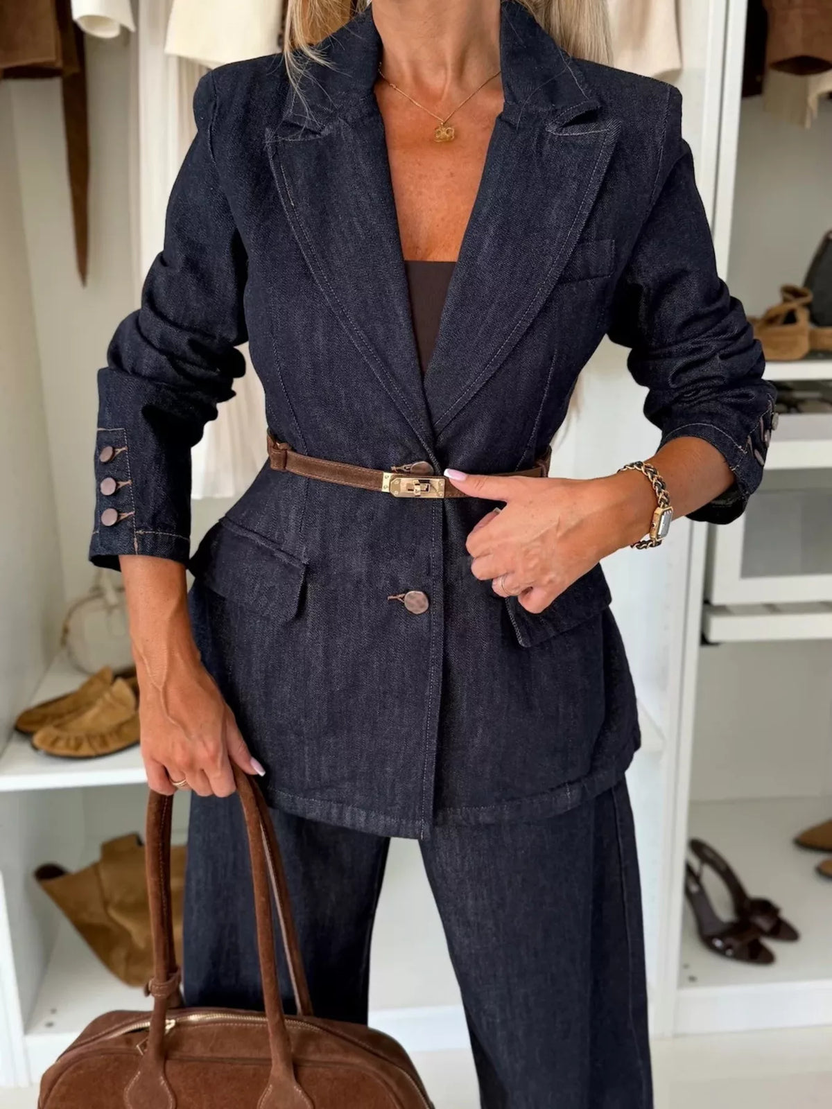 Single-Breasted Washed Denim Blazer