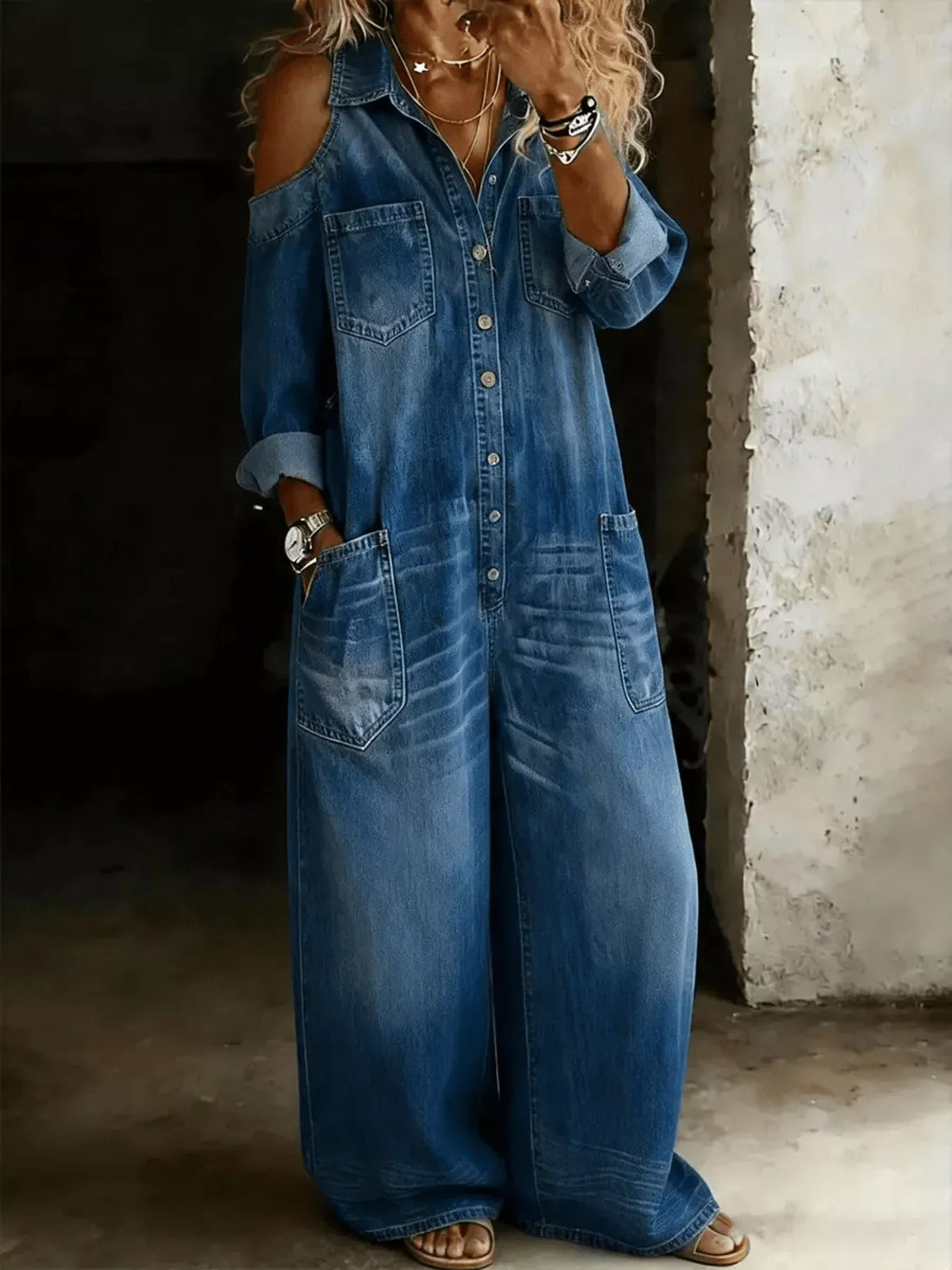 Full Size Cold Shoulder Button Front Denim Jumpsuit Plus Size