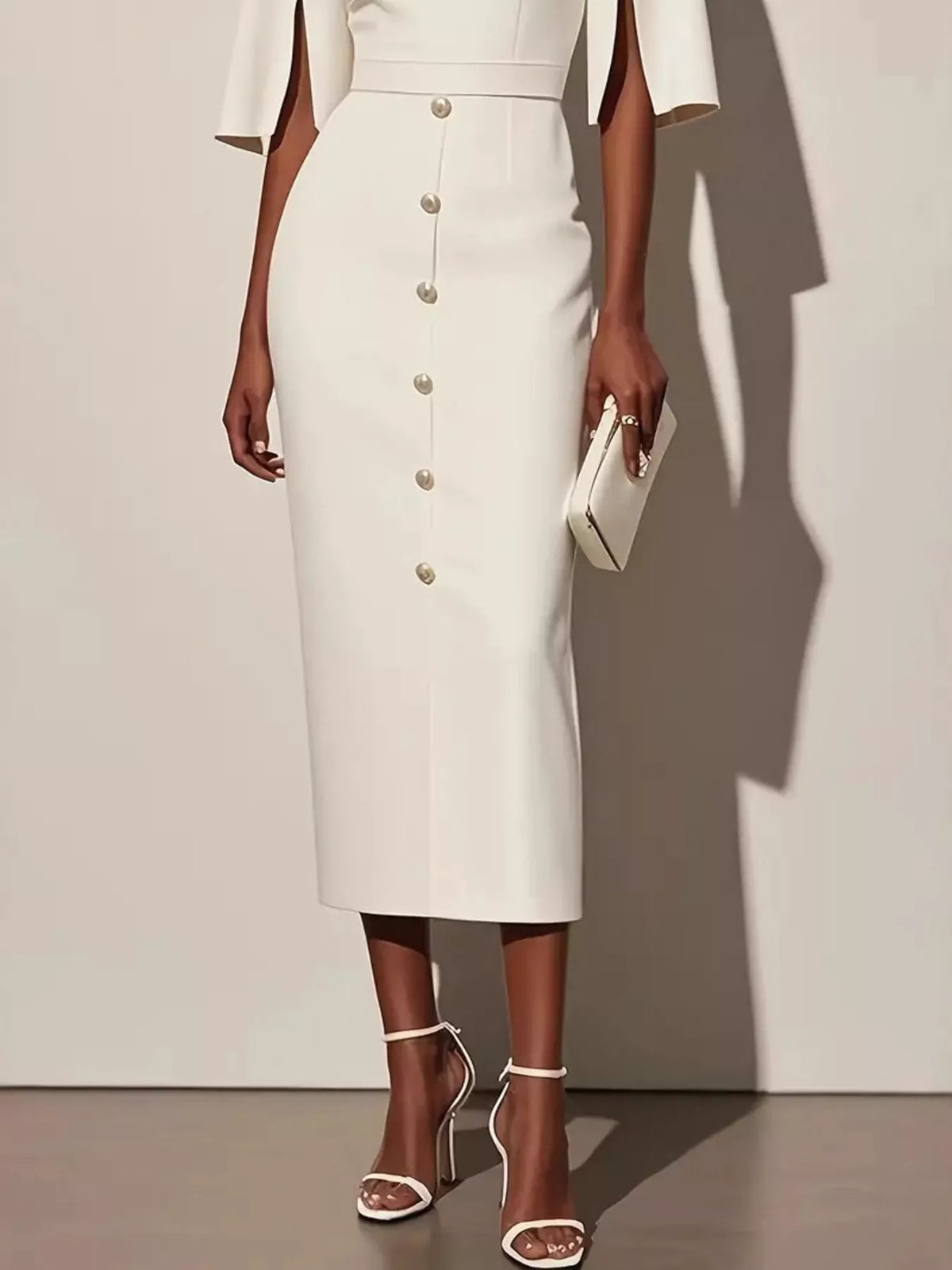 Slit Sleeve Midi Dress with Decorative Button