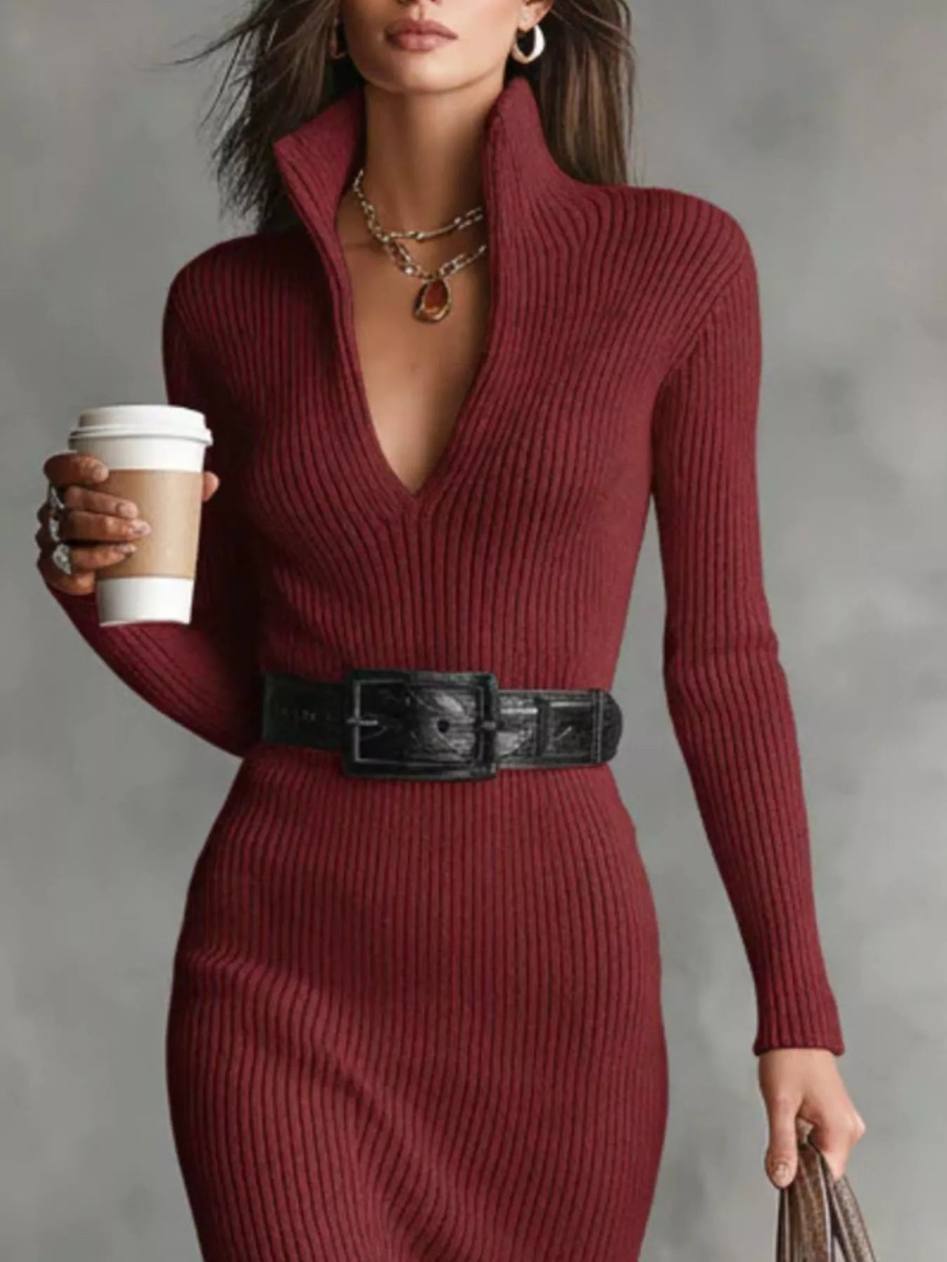 Full Size Ribbed Knit Turtleneck Sweater Dress Plus Size
