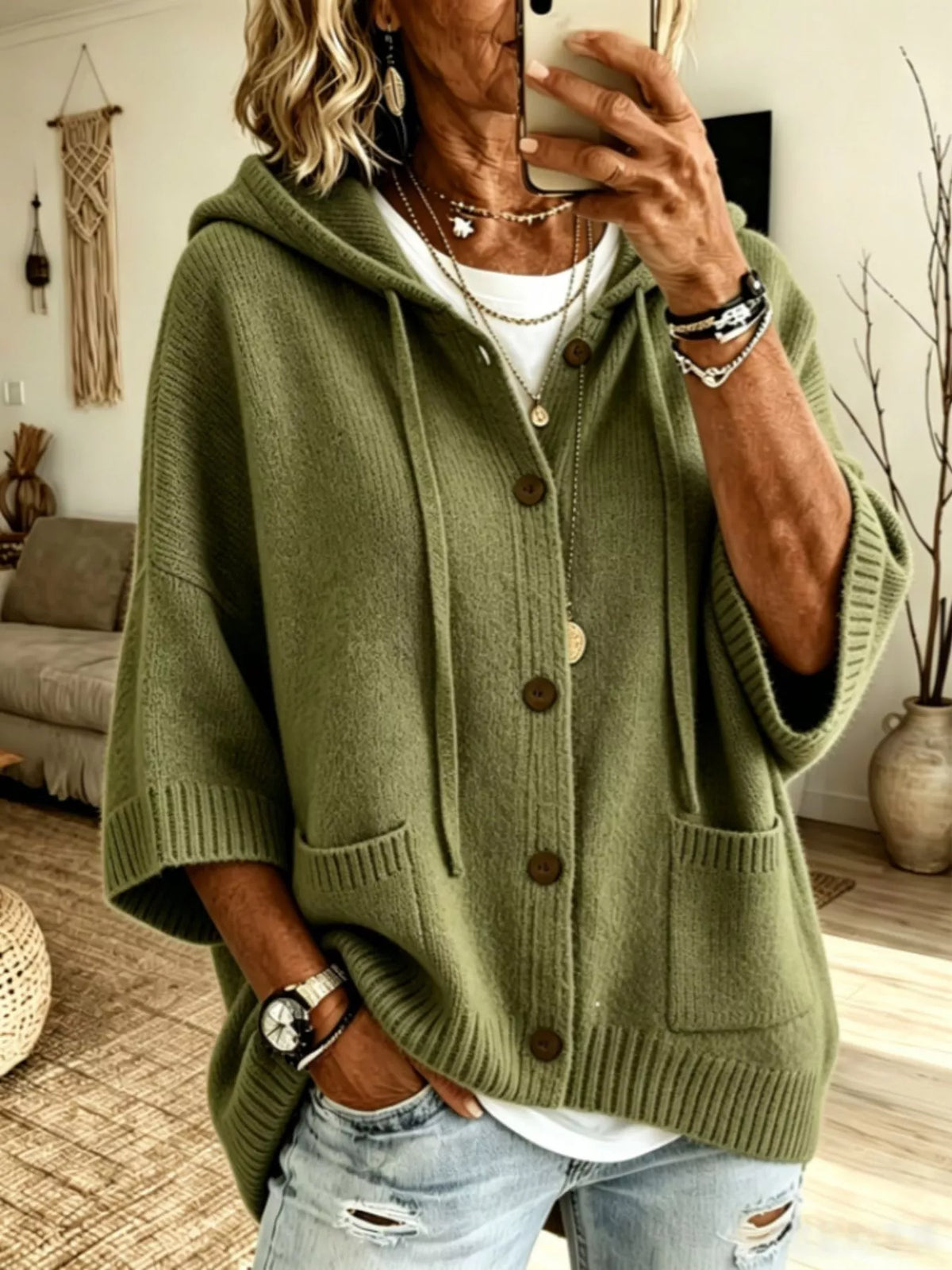 Full Size Casual Hooded Button-Down Knit Cardigan with Pockets Plus Size