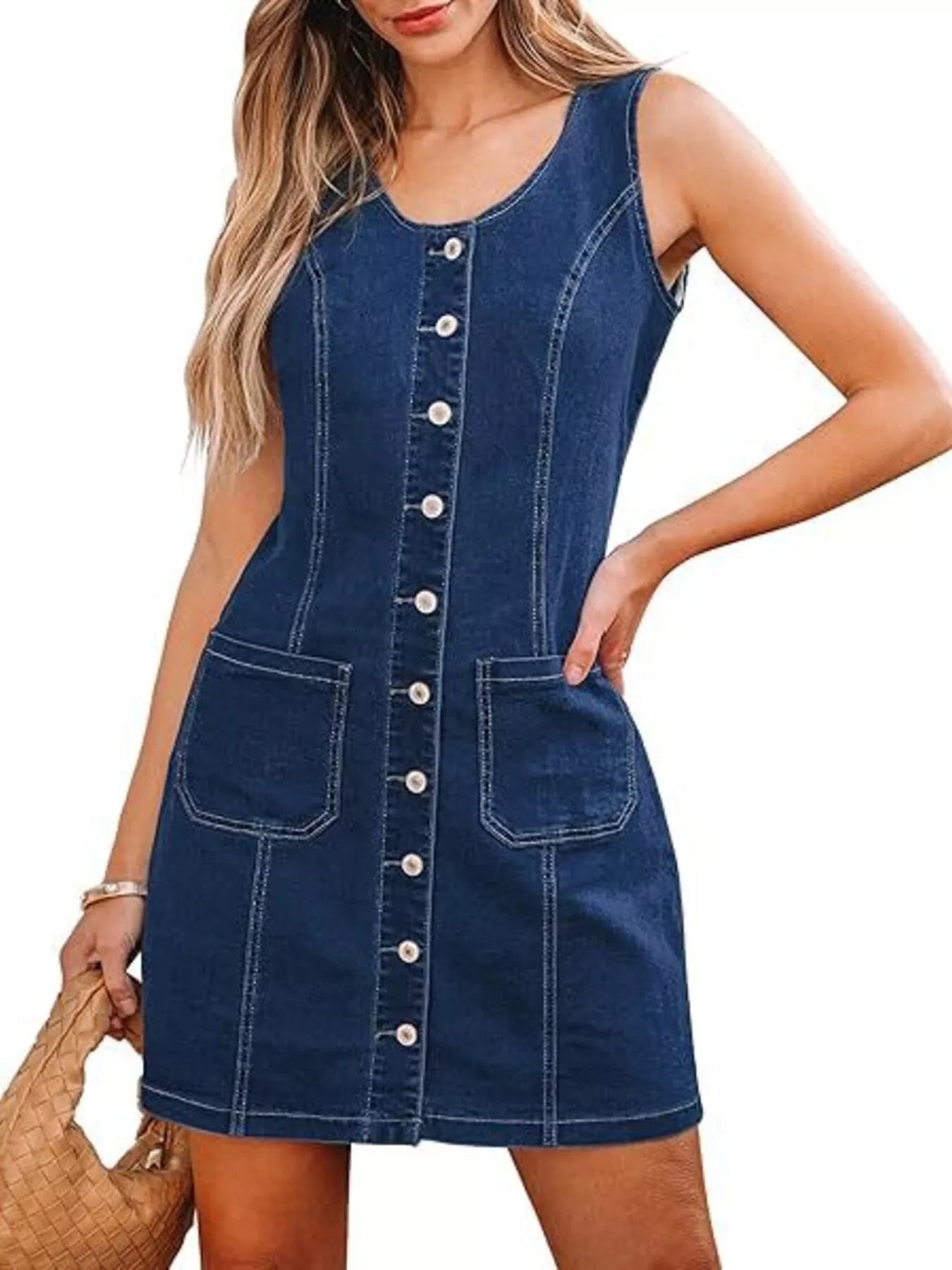 Button-Front Sleeveless Denim Dress