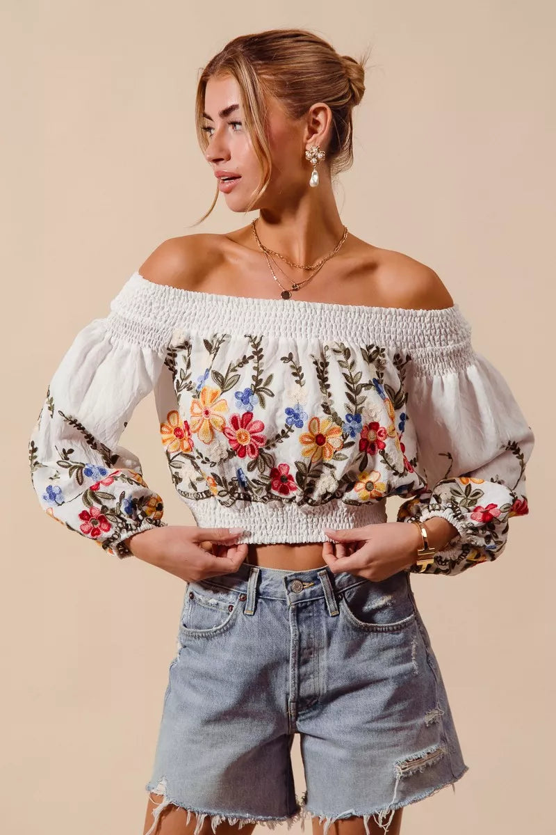 SO ME Floral Embroidered Off The Shoulder Crop Top