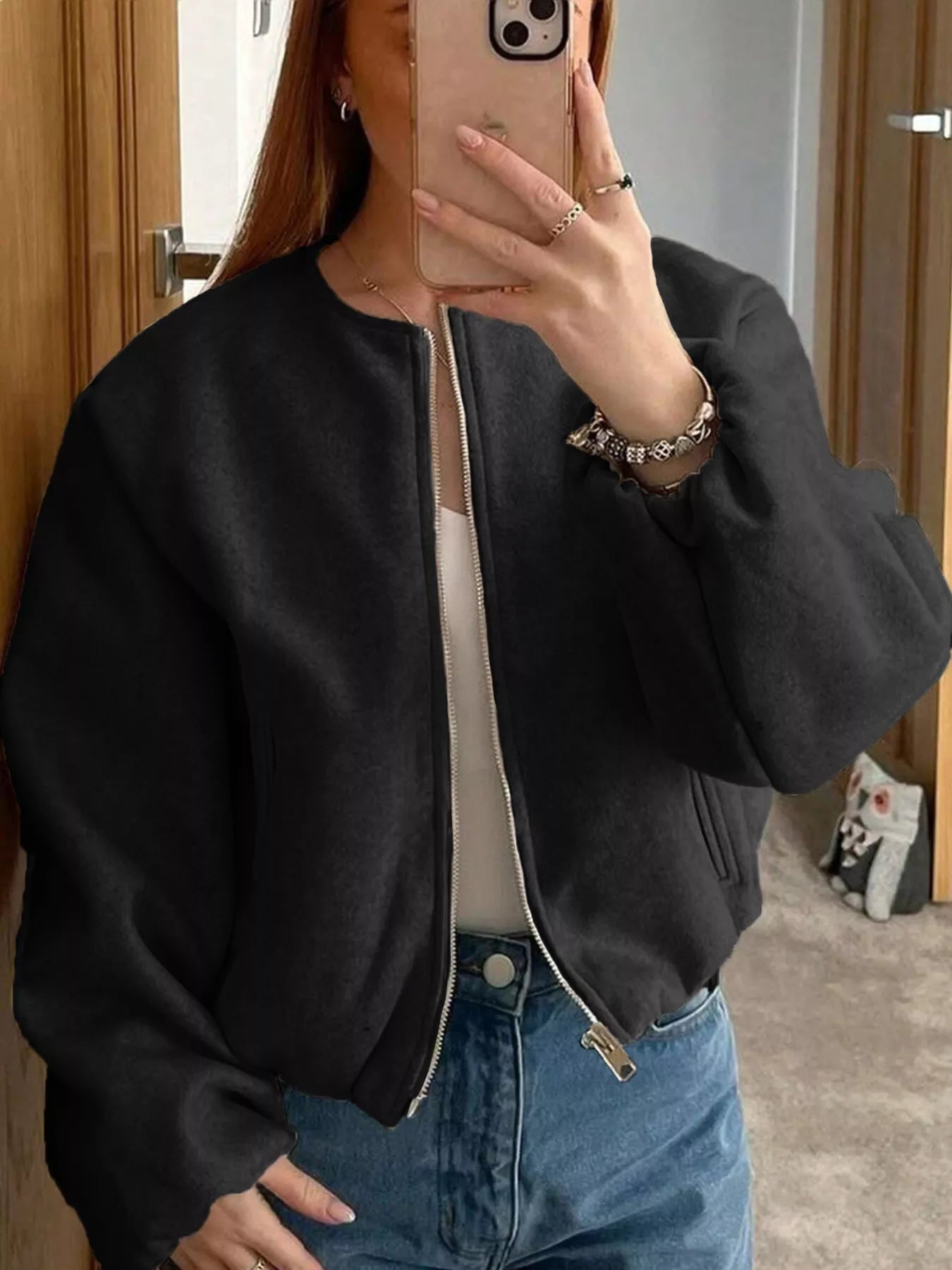 Plus Size Casual Fleece Zip-Up Bomber Jacket