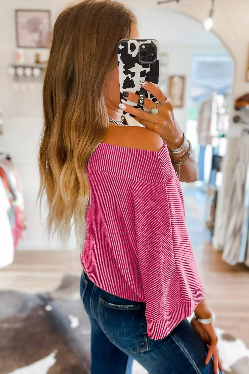 Ribbed Knit Off-Shoulder Blouse