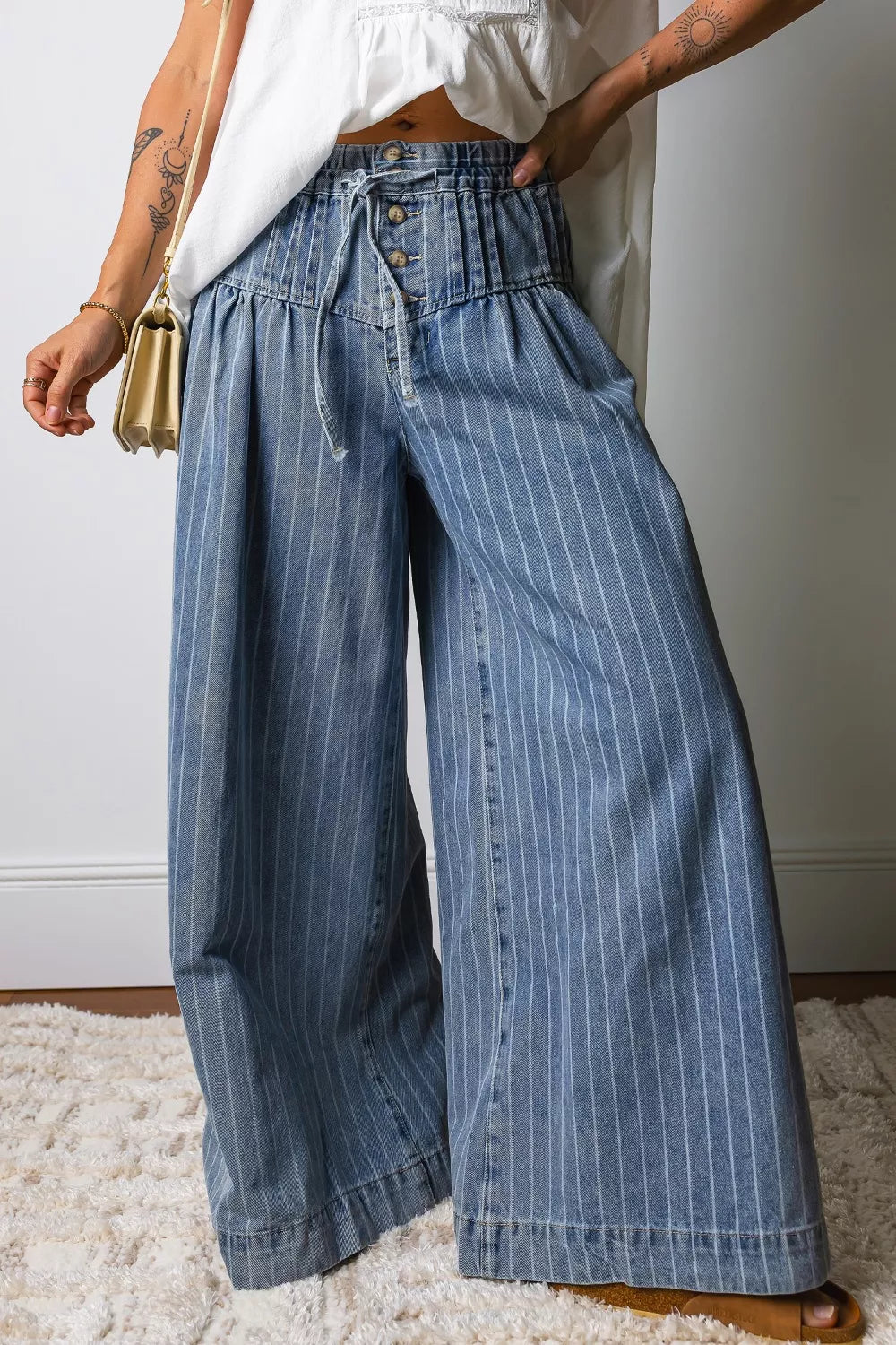 Stripe Button Pleated Drawstring Waist Casual Wide Leg Jeans