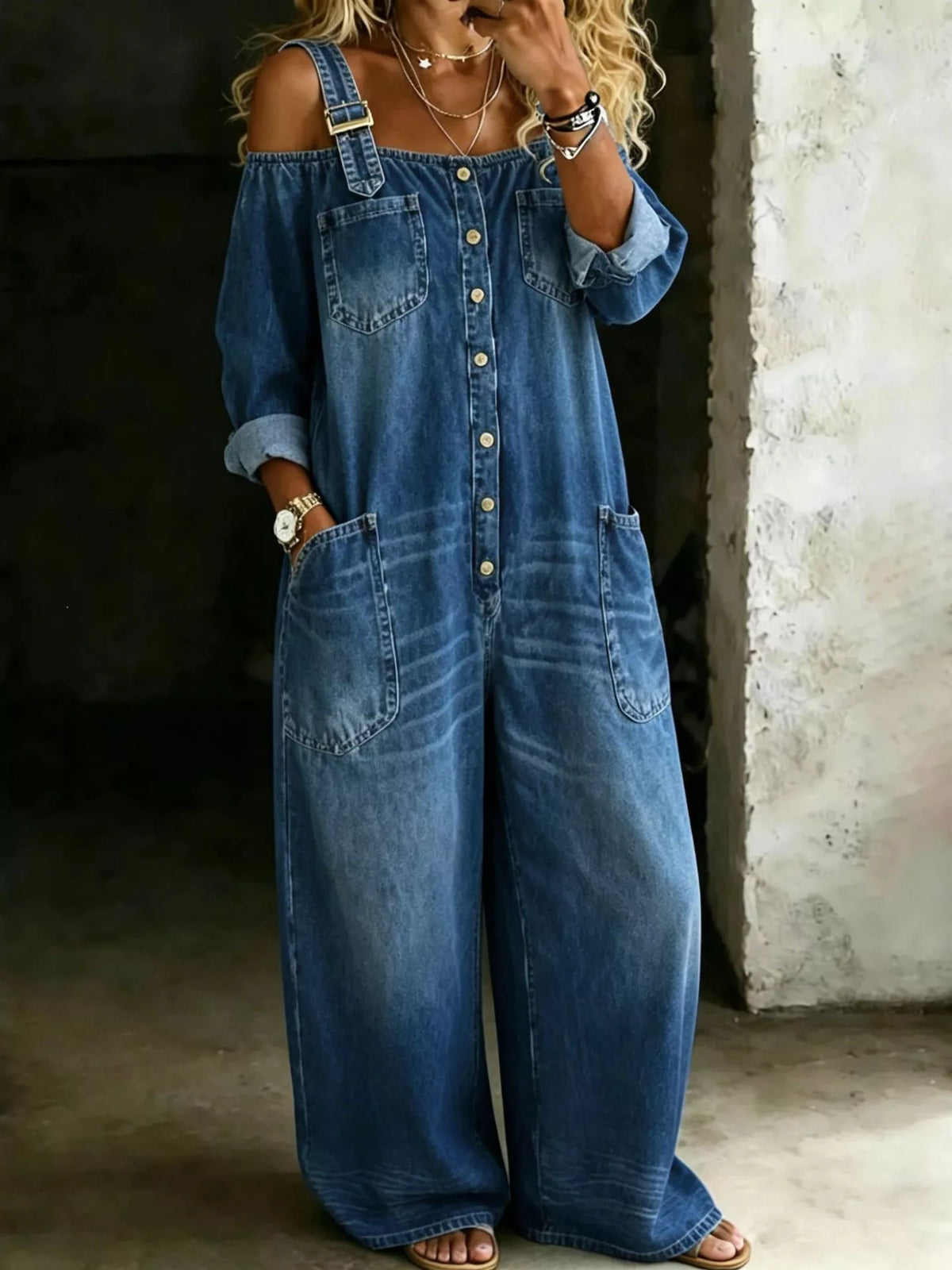 Button Front Wide-Leg Jumpsuit