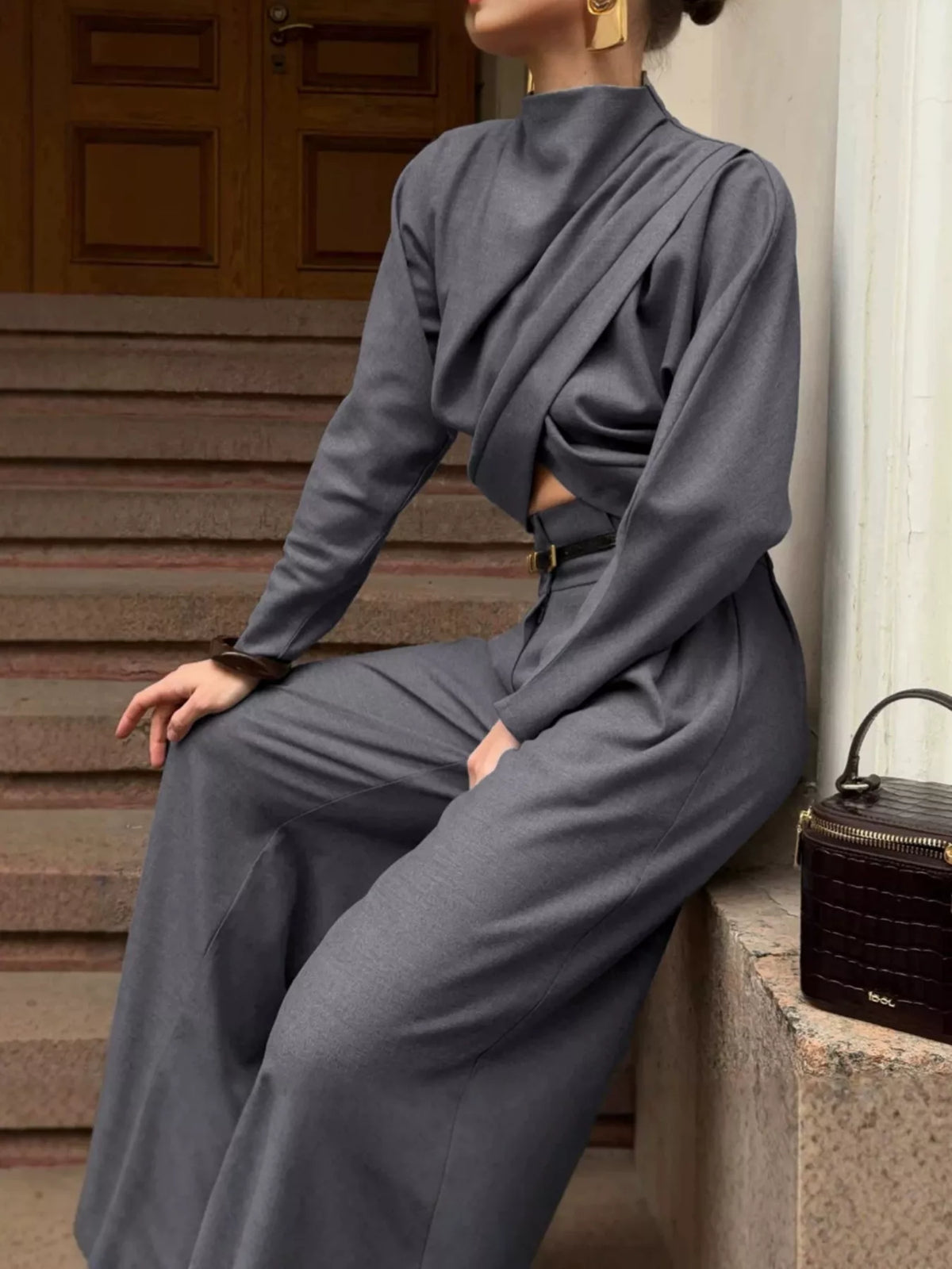 Draped Crop Top and Wide-Leg Pants Set