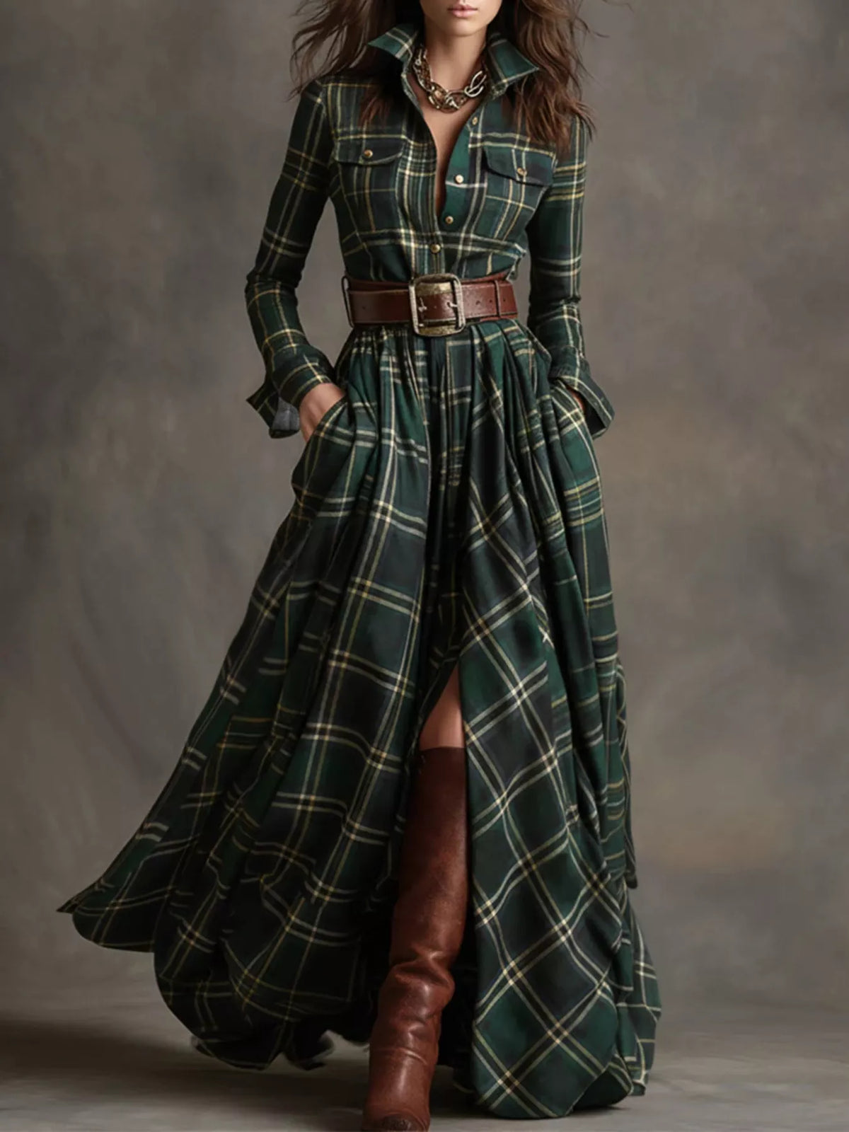 Plaid Button Front Maxi Shirt Dress
