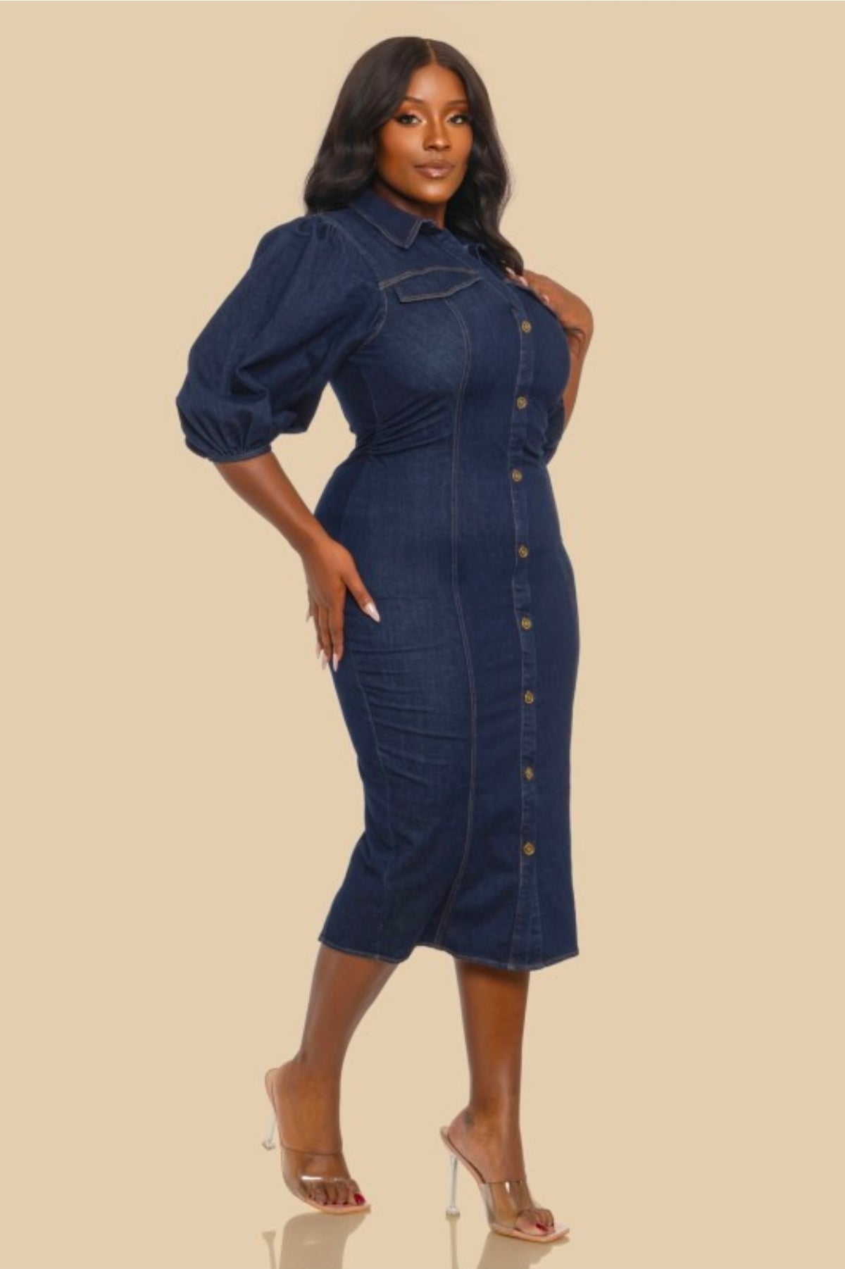 FITTED DENIM PUFF SLEEVE MIDI DRESS