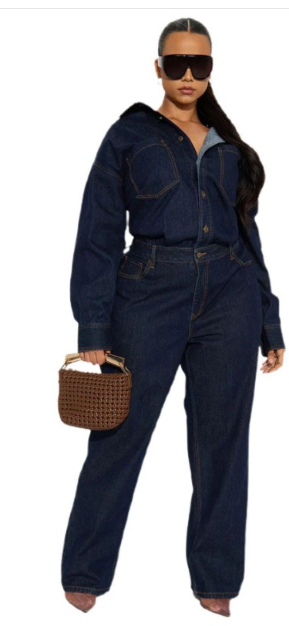 Fashion denim long sleeve Jumpsuit