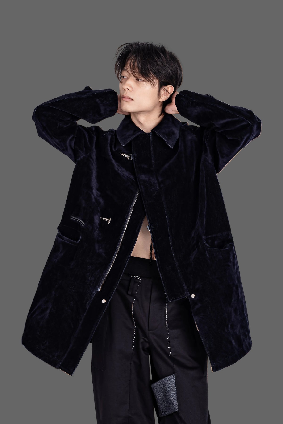 LEATHER-TRIMMED WASHED DENIM VELOUR COAT