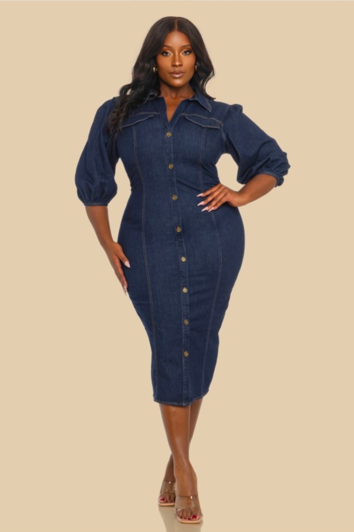 FITTED DENIM PUFF SLEEVE MIDI DRESS
