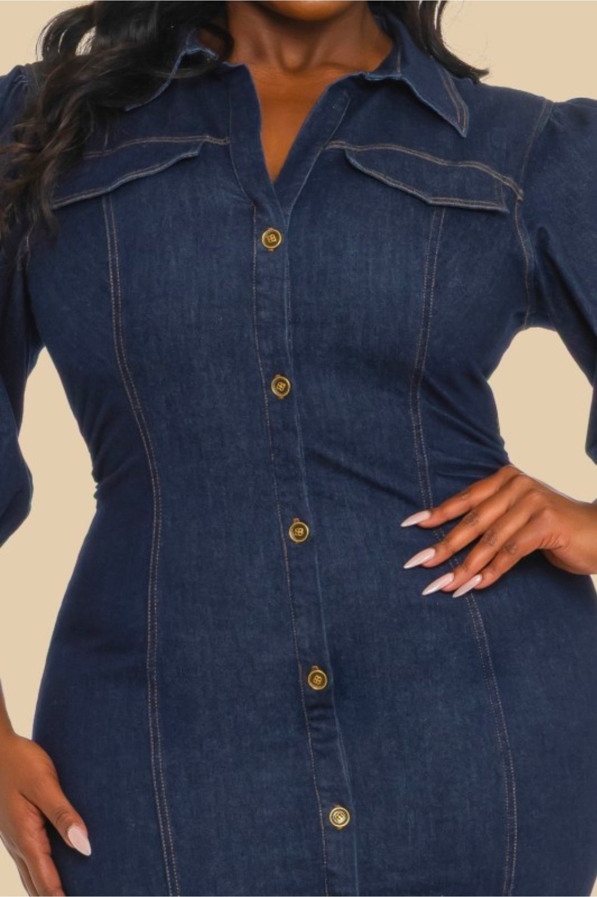 FITTED DENIM PUFF SLEEVE MIDI DRESS