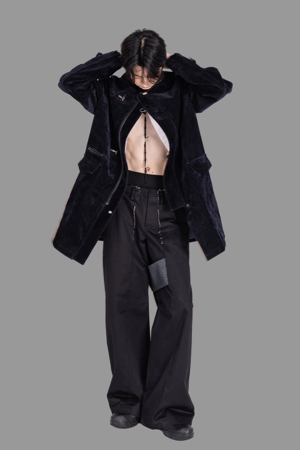 LEATHER-TRIMMED WASHED DENIM VELOUR COAT