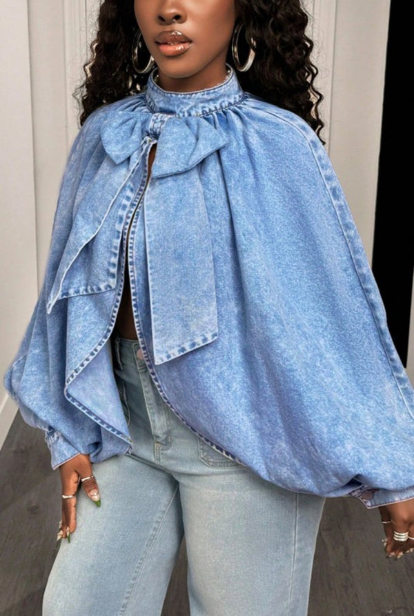 OPEN BACK DENIM JACKET WITH BOW TIE