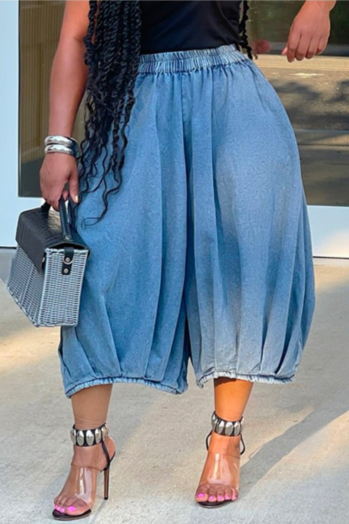 Denim Barrel Wide Leg Capri Pants