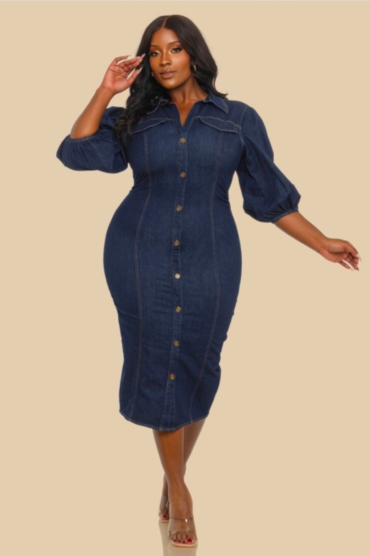 FITTED DENIM PUFF SLEEVE MIDI DRESS