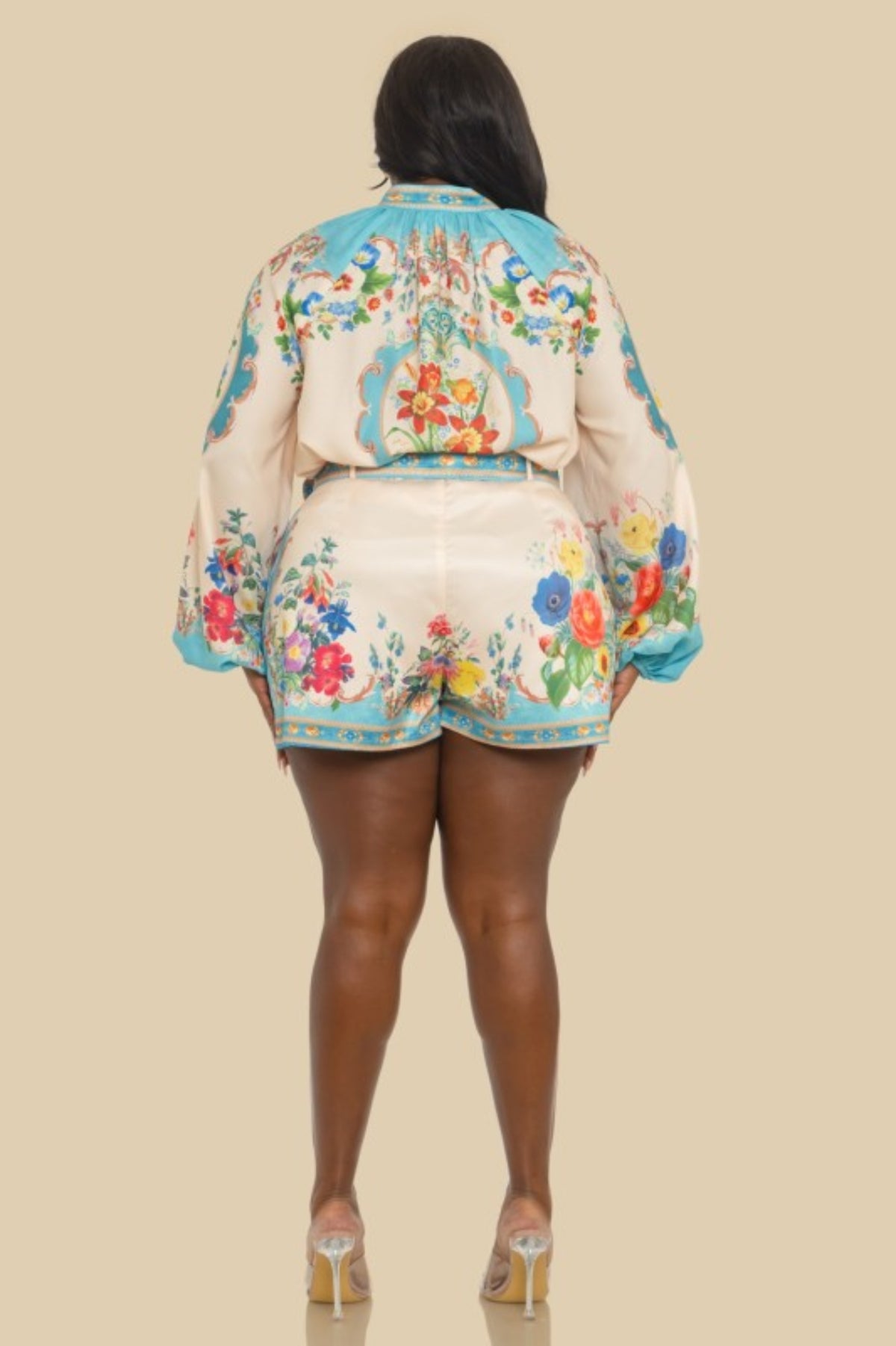 PLUS FLORAL PRINT BUTTON UP TOP W/
HIGH WAIST SHORT