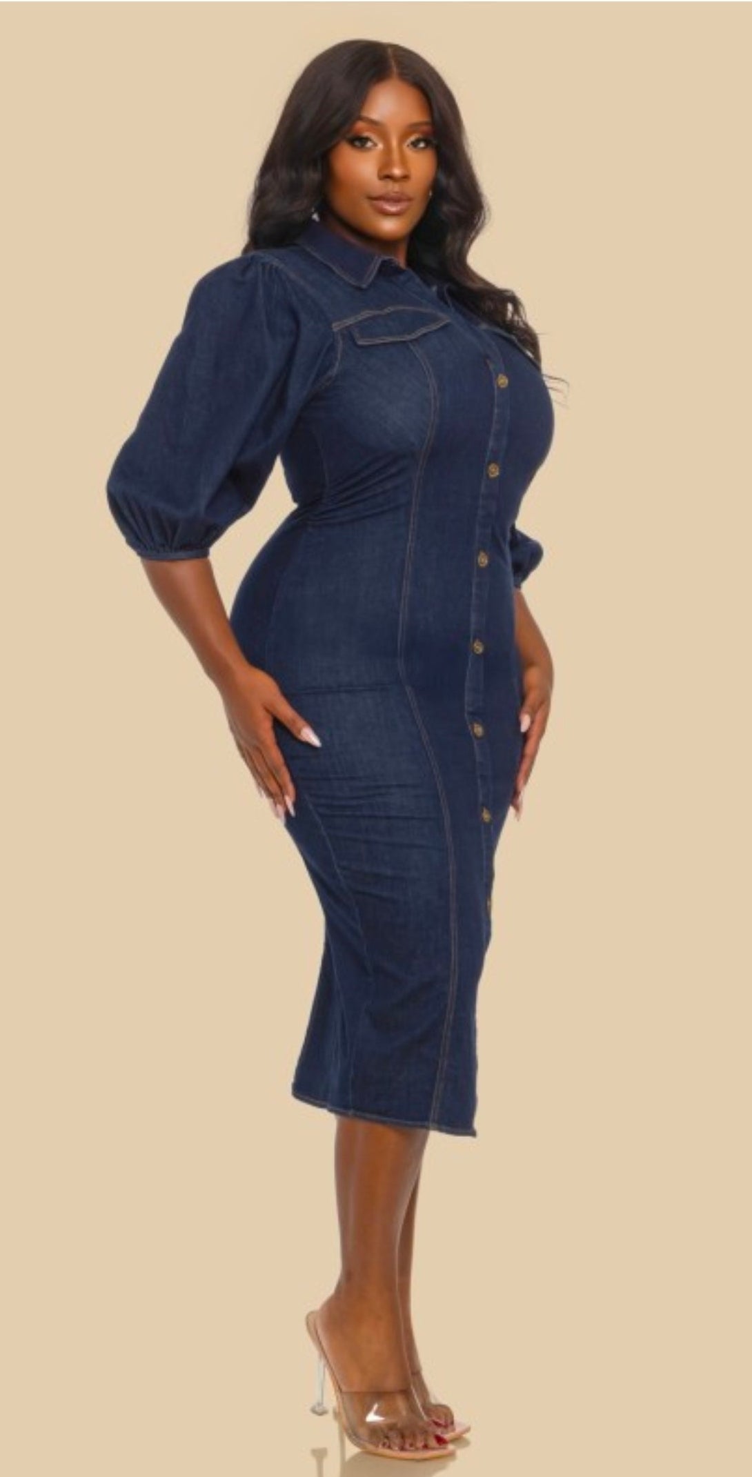 FITTED DENIM PUFF SLEEVE MIDI DRESS