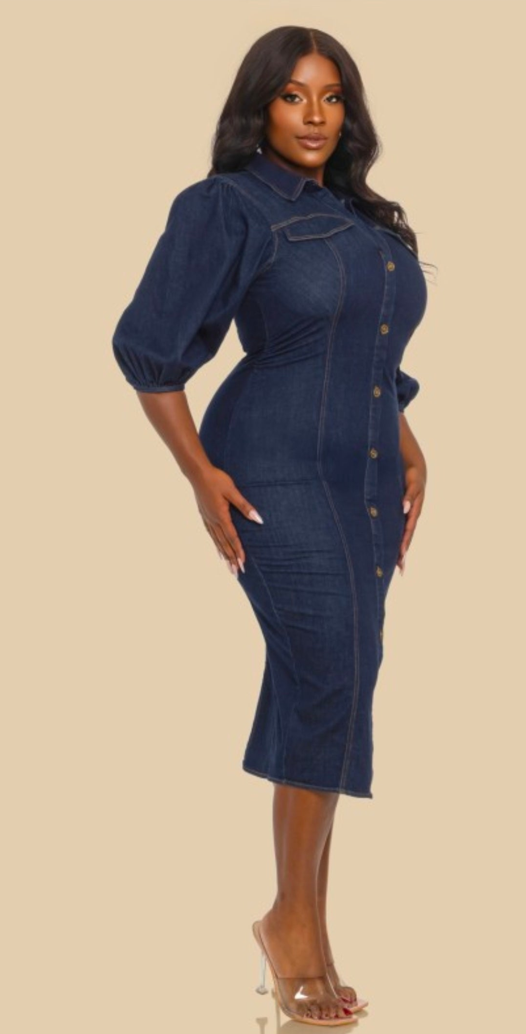 FITTED DENIM PUFF SLEEVE MIDI DRESS
