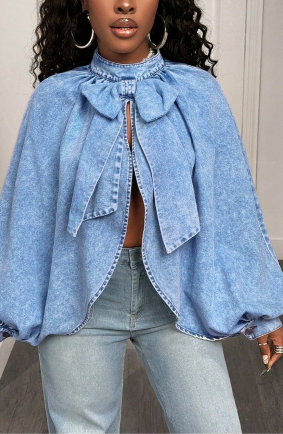 OPEN BACK DENIM JACKET WITH BOW TIE