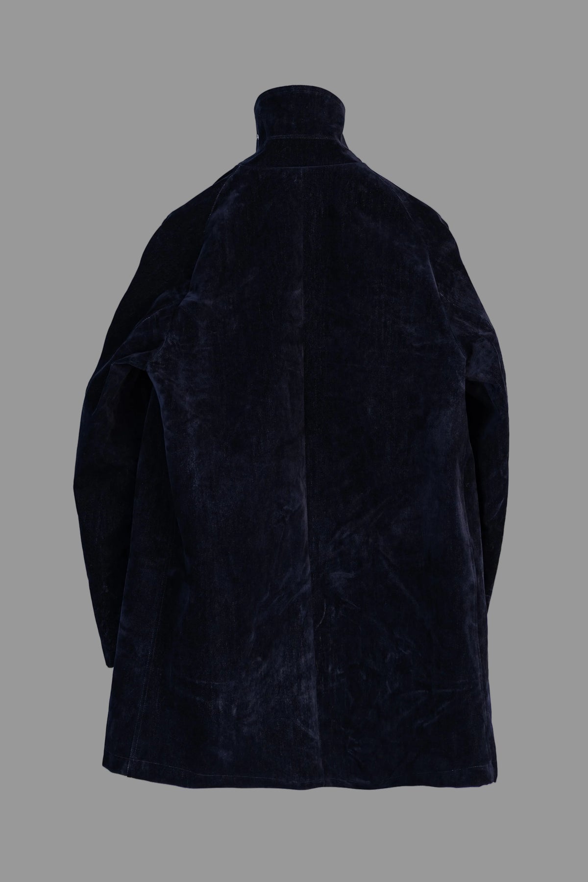 LEATHER-TRIMMED WASHED DENIM VELOUR COAT