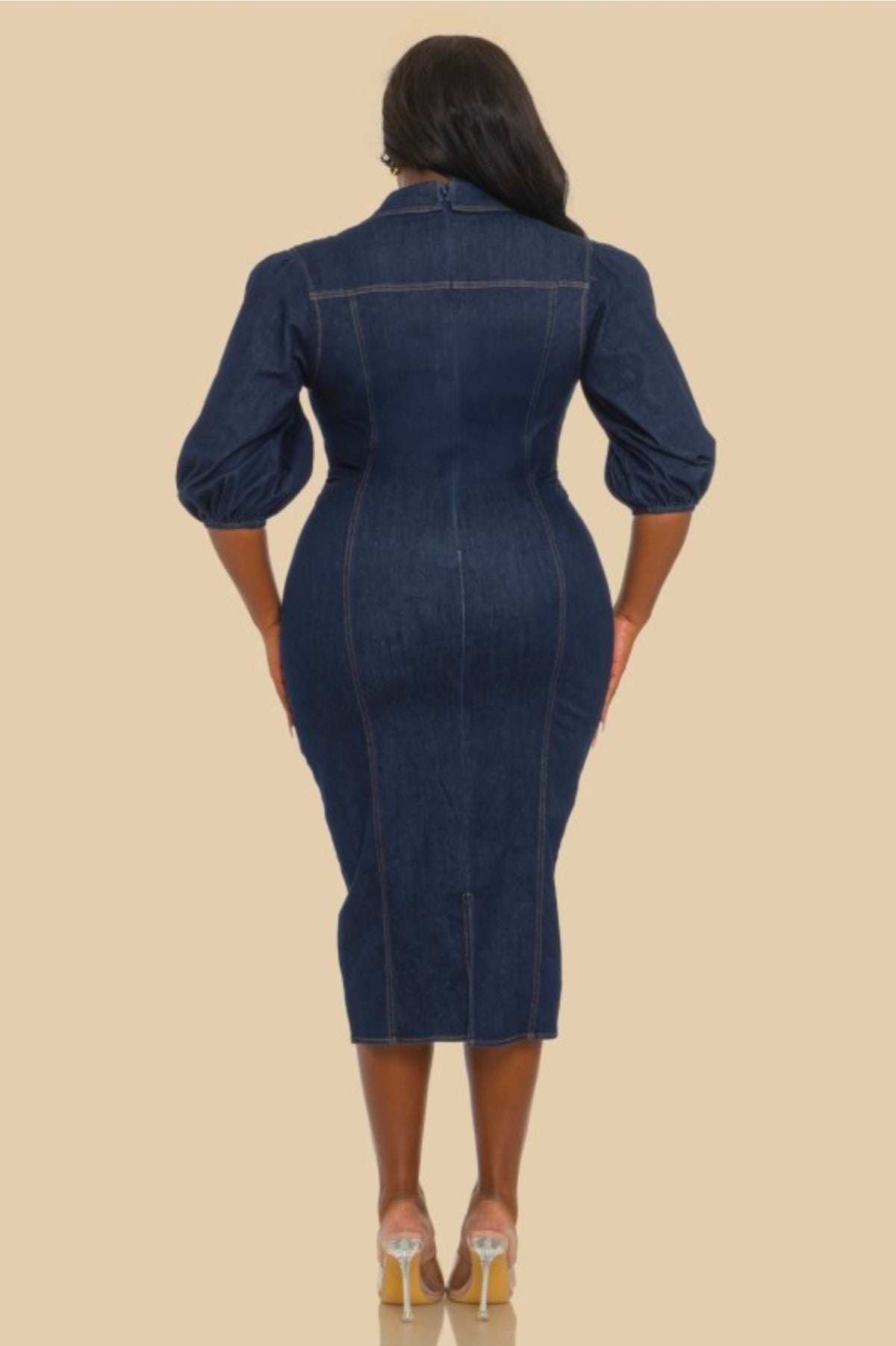 FITTED DENIM PUFF SLEEVE MIDI DRESS